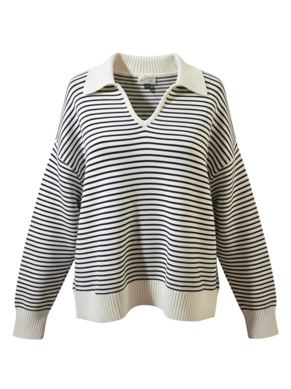 Striped Collared V-Neck Sweater - Black & White